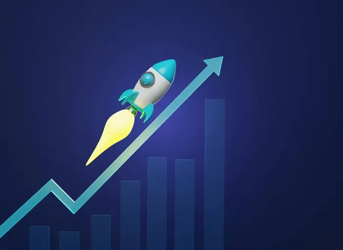 3D rocket ascends along an upward chart arrow on blue background, symbolizing startup growth and marketing success